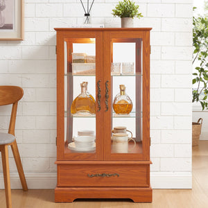 English Elm Lighted Glass Curio Cabinet - Elegant Dark Oak Display With Adjustable Shelves, Built-In Drawer & Bulb W1758P300114