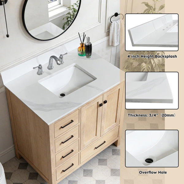 English Elm 37-inch Carrara Quartz Vanity Top Undermount Sink Backsplash Stain Resistant Bath W2699P459406