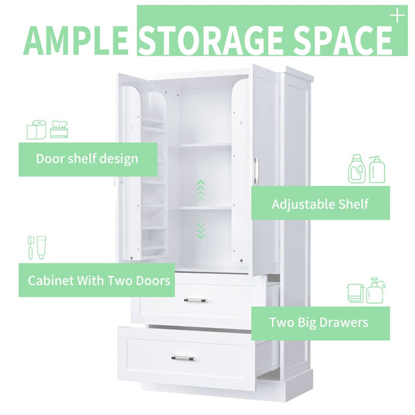 English Elm Tall White Mdf Bathroom Storage Cabinet with Adjustable Shelves and Two Lower Drawers N725S178675K