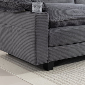 English Elm 113" Modern 3+1 L-Shaped Corduroy Sofa with Double-Layer Cushions, Cup Holders & Storage Bags DARK GREY W2715S00004