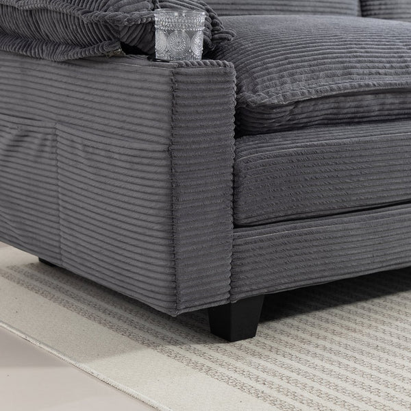 English Elm 113" Modern 3+1 L-Shaped Corduroy Sofa with Double-Layer Cushions, Cup Holders & Storage Bags DARK GREY W2715S00004