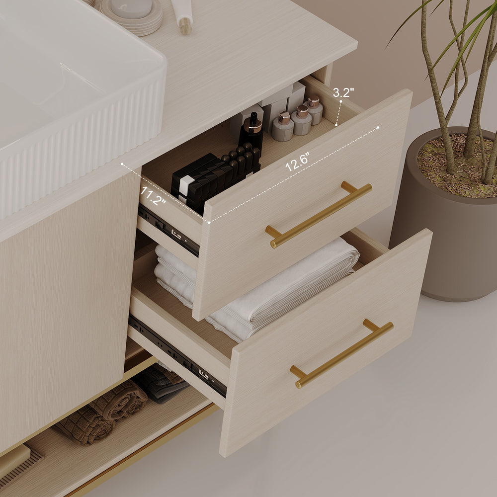 English Elm 47.2" Modern Bathroom Vanity with Ceramic Vessel Sink, Gold Accents, Wood Cabinet, Drawers & Shelf W3136S00027