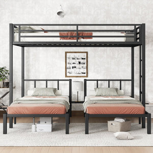 English Elm Twin Metal Triple Bunk Bed With Safety Guardrails - Space-Saving, Noise-Reducing Design In Black W1580S00146-GIGA