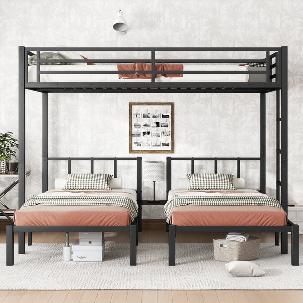 English Elm Twin Metal Triple Bunk Bed With Safety Guardrails - Space-Saving, Noise-Reducing Design In Black W1580S00146-GIGA