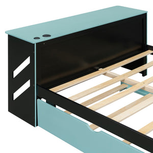 English Elm Full Size Wood Daybed with Twin Trundle Desk and Usb Charging for Teen Rooms Blue LT000262AAC
