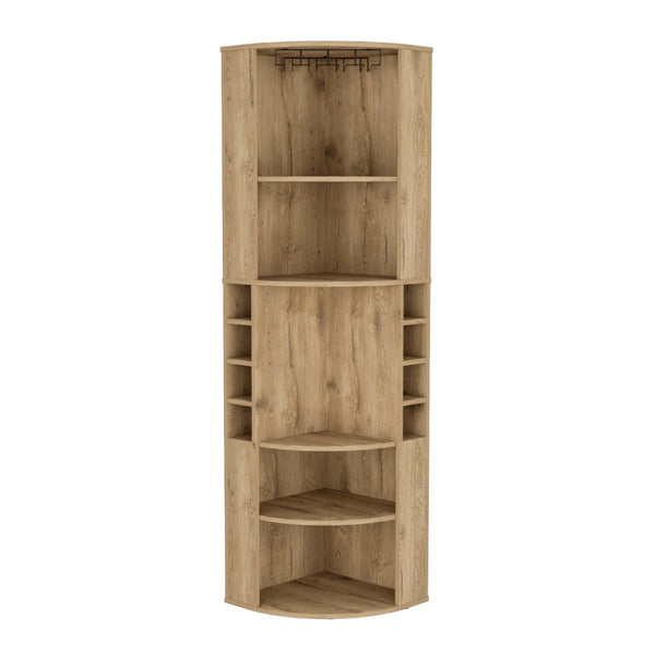 English Elm Oban Matte Black Corner Bar Cabinet with Bottle Cubbies and Open Stemware Shelves B200S00389
