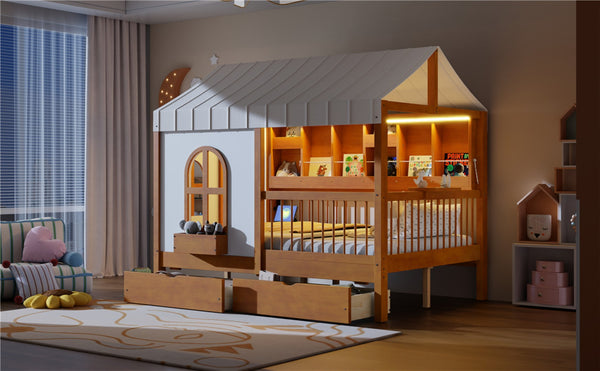 English Elm Full Size Kids House Bed with Led Bookshelf Storage Drawers and Charging Station Walnut LP000378AAL