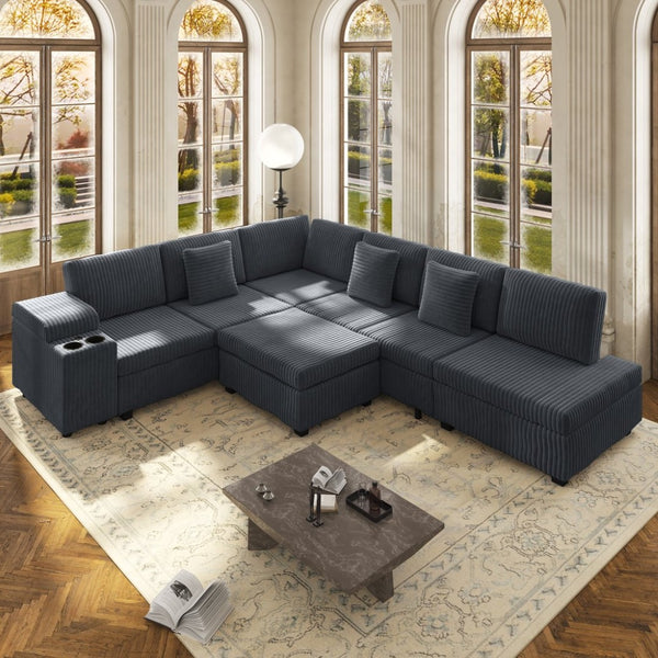 English Elm 110.2" Corduroy Sectional Sleeper Sofa with Ottoman Usb Ports Storage Armrests Living Room Dark Gray W3219S00012