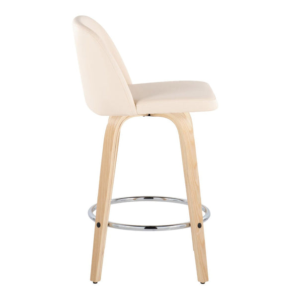 English Elm Toriano 26" Stylish Fixed Height Counter Stool Set Of 2 With Swivel, Cream Faux Leather & Natural Wood B202S00433-GIGA
