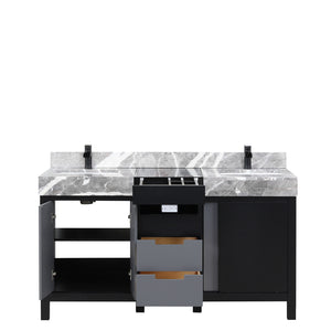 English Elm Black Double Bath Vanity 60" W With Castle Grey Marble Top, Matte Black Faucet Set & Ample Storage B2731P261107