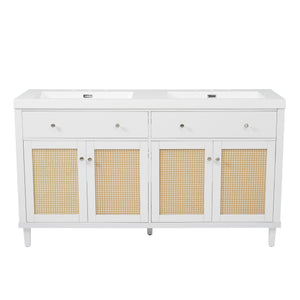 English Elm Christopher Knight Home® - 60 Inch Bathroom Vanity with Double Sinks SMC, Rattan Doors, Soft-Close Drawers, Stable Pine Legs White N817P296140W