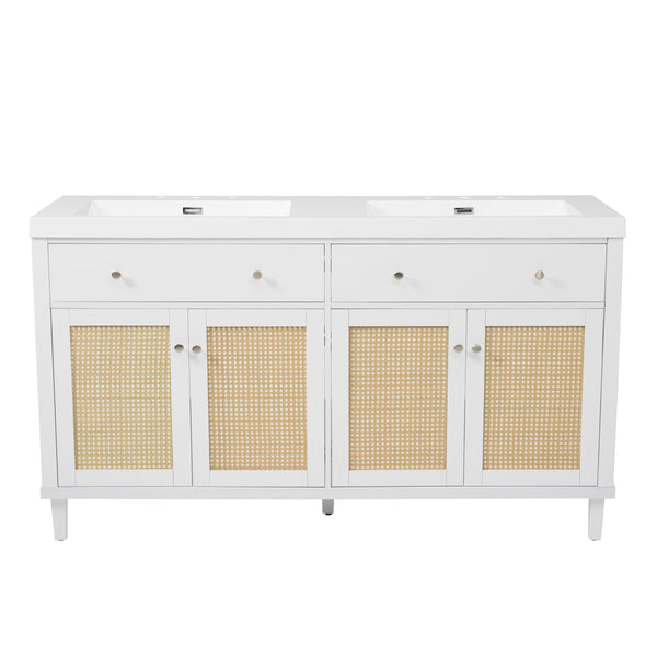 English Elm Christopher Knight Home® - 60 Inch Bathroom Vanity with Double Sinks SMC, Rattan Doors, Soft-Close Drawers, Stable Pine Legs White N817P296140W