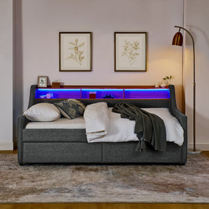English Elm Twin Size Upholstery Sofa Bed With Led Lights & Storage Drawers, Wireless Charging, Grey Linen Design W1413S00055-GIGA