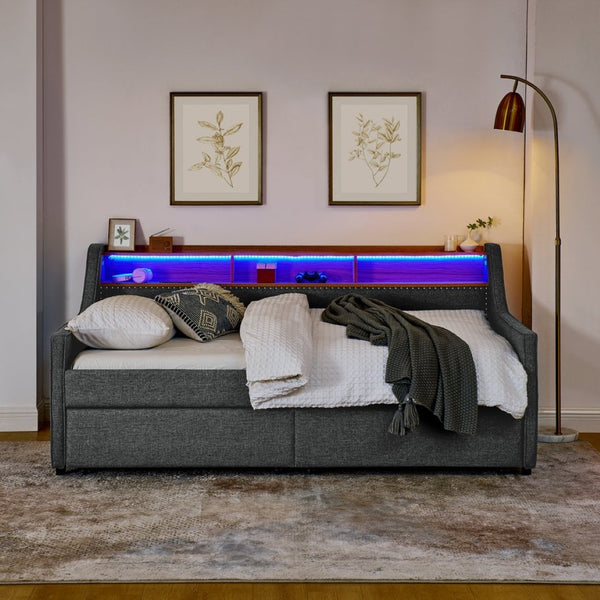 English Elm Twin Size Upholstery Sofa Bed With Led Lights & Storage Drawers, Wireless Charging, Grey Linen Design W1413S00055-GIGA