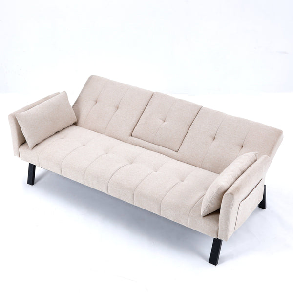 English Elm 70-inch Foldable Cotton Linen Sofa Bed with Cup Holder & Side Storage, Space-Saving 2-Seater Design Beige W3371P337197