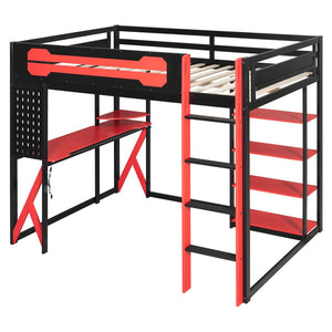 English Elm Full Size Loft Bed with Rgb Lighting Chevron Desk Usb Charging Ports and Storage Shelves Black+Red LT000286AAR
