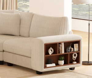English Elm Modular Three-Seat Corner Sofa - Stylish Cream-Beige Design, Wooden Armrest Lockers & Comfort Focused W1793S00025