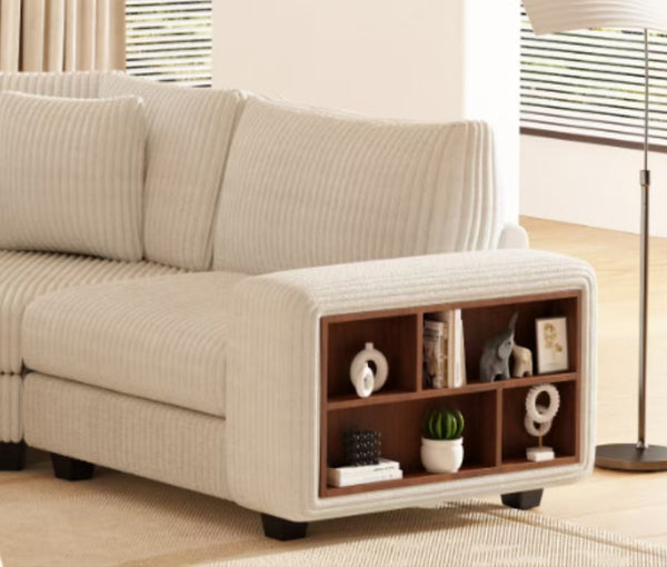 English Elm Modular Three-Seat Corner Sofa - Stylish Cream-Beige Design, Wooden Armrest Lockers & Comfort Focused W1793S00025