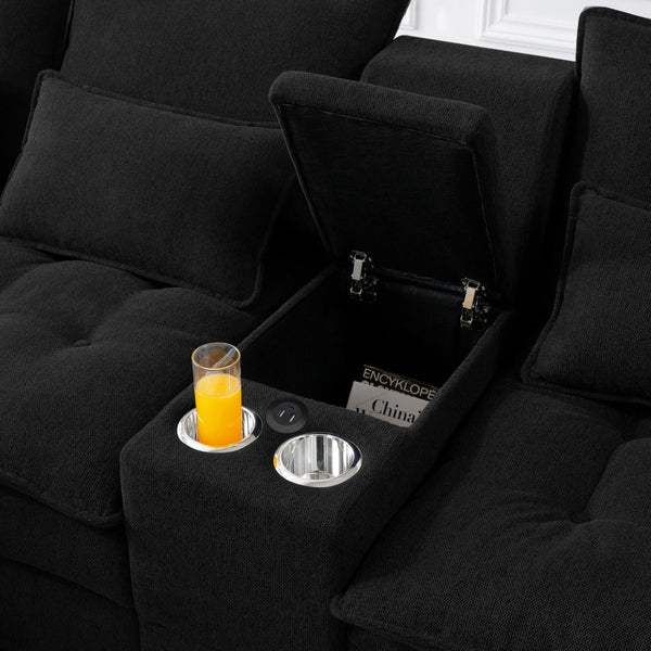 English Elm 130" U-shaped Sectional Sofa Six Seat Linen Upholstered with Built-in Console and Chaise Black W1117S00270