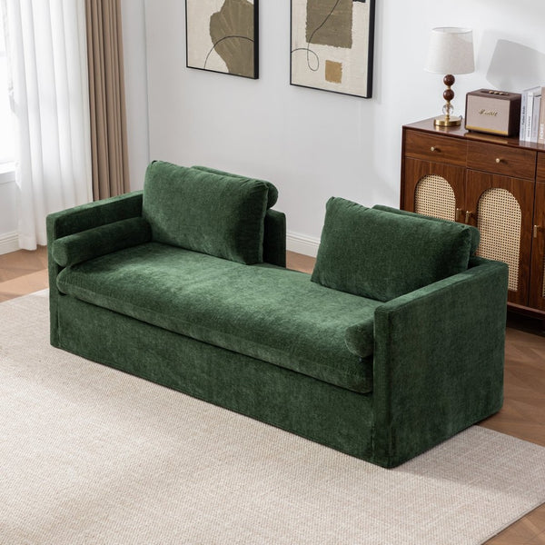 English Elm 82.68" Wide Chenille Two Seat Sofa Solid Wood Frame with Lumbar Pillows Living Room Green W3189S00026