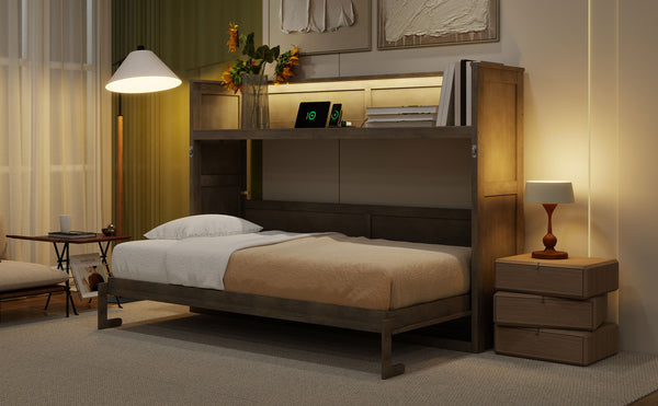 English Elm Twin XL Murphy Bed with Desk, LED Lighting and USB Charging Station — Space-Saving Solid Pine Design Gray Wash N7090005001N