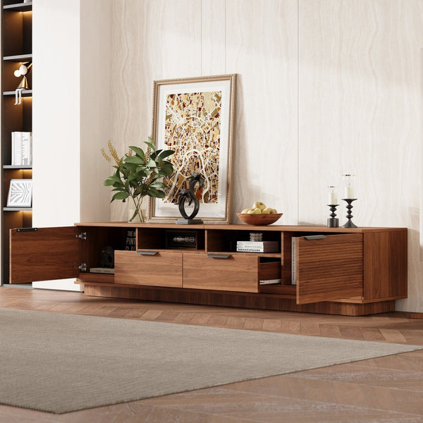 English Elm 78 Inch Walnut Media Console with Slatted Doors Solid Wood Legs and Cable Management N710P374714P