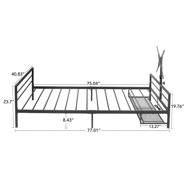 English Elm Twin Gaming Platform Bed Iron Frame with Rotating Tv Mount Led Strips Console Storage W688P237948
