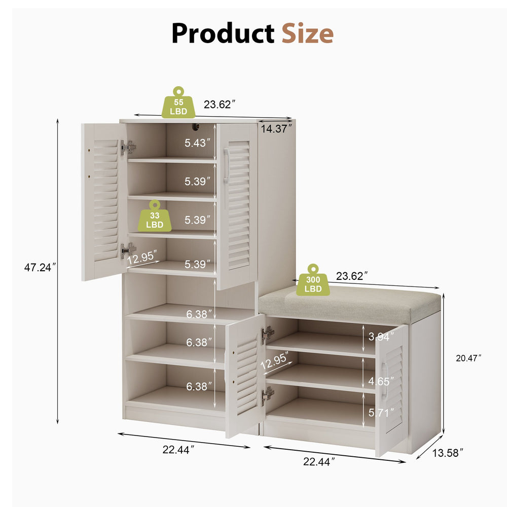 English Elm Multi Functional Shoe Storage Cabinet with Bench and Cushion, 7+3 Adjustable Panels, Ventilated Design for Entryway Ancient White 51.97 L x 17.32 W x 10.24 H W2948P245229