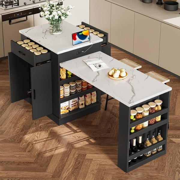 English Elm Extendable Kitchen Island Console with Open Shelving Drawers and Cabinet in Matte Black W1580S00274