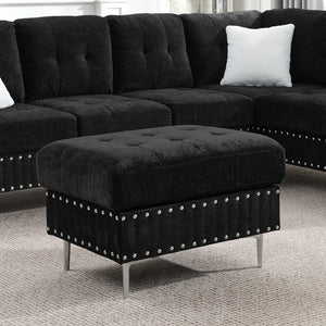 English Elm Sectional L-Shaped Chenille Sofa with Chaise Storage Ottoman, Metal Eucalyptus Frame, 4-Seater Spacious Black W1413S00117