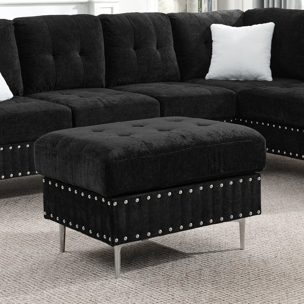 English Elm Sectional L-Shaped Chenille Sofa with Chaise Storage Ottoman, Metal Eucalyptus Frame, 4-Seater Spacious Black W1413S00117