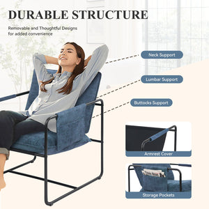 English Elm Accent Chair Mid-Century Rattan Arms Set of 2 with Rubber Wood Legs, Plush Fabric Seat, Cozy Lounge Dark Blue T3950P397482