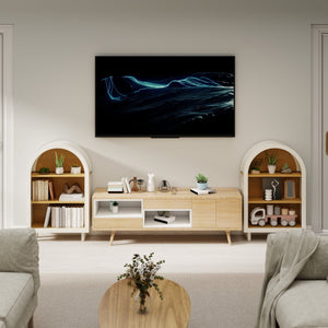 English Elm Arched Three Tier Bookshelf White Frame Woodgrain Shelves Modern Storage for Any Room W2557P428368