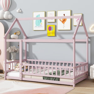 English Elm Twin House Frame Floor Bed Rubberwood with Roof Canopy and Safety Rails for Kids Pink W504P429347