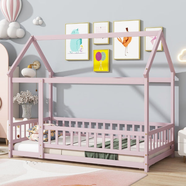 English Elm Twin House Frame Floor Bed Rubberwood with Roof Canopy and Safety Rails for Kids Pink W504P429347