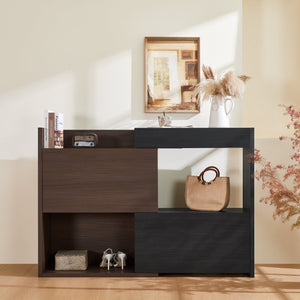English Elm 32.5''-58.8''W Expandable Rotating Storage Cabinet with Drawer & Flip Doors, Modern Black Walnut Elegance N845P261744D