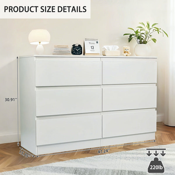 English Elm 6 Drawer Modern Dresser with Concealed Handles, Spacious Top, Durable Wood Storage Cabinet for Bedroom White W3204P318437