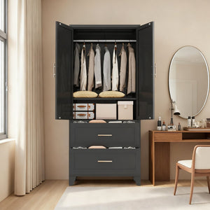 English Elm 71" Steel Wardrobe with Hanging Rod Two Drawers and Shelf for Compact Bedroom W3387P411306