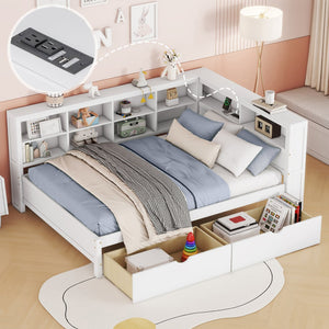 English Elm Wooden Full Size DayBed with Trundle, Pine Frame, Dual Storage Shelf and Built-in USB Charging Ports White 57.7 L x 16.25 W x 6.7 H N733S347772K