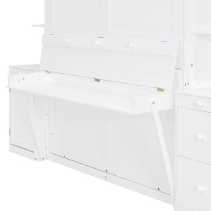 English Elm Queen Murphy Bed with Integrated Desk Cabinet Storage Wall Unit for Home Office White LP000739AAK