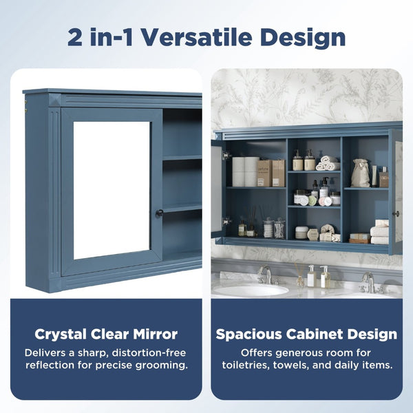 English Elm 55 Inch Wall Mount Medicine Cabinet Dual Mirrored Doors Soft Close Bathroom Vanity Storage Blue N710P401342C