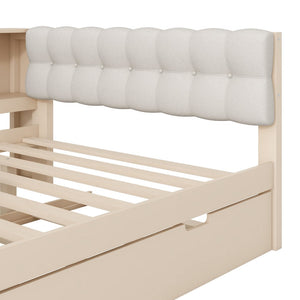 English Elm Wood Twin Platform Bed Linen Headboard Storage Shelves Trundle Charging Station Cream N709P004024C