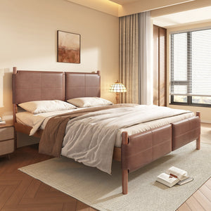 English Elm Christopher Knight Home® - Queen Upholstered Leather Headboard Bed Frame with Solid Wood Slats, Mid-Century Modern Support, No Box Spring Needed Brown N758D928485N