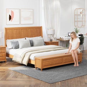 English Elm Queen Sleigh Bed Solid Rubberwood Walnut Finish Curved Headboard Footboard Storage Bench Natural W1716S00037