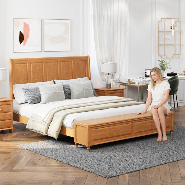 English Elm Queen Sleigh Bed Solid Rubberwood Walnut Finish Curved Headboard Footboard Storage Bench Natural W1716S00037
