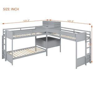 English Elm Twin L-shaped Bunk Bed Pine Wood Corner Design with Desk Drawers and Usb Charging Gray N820S00079E