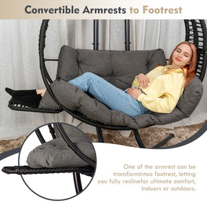 English Elm Double Hanging Egg Chair with Stand, Oversized 2-Person Rattan Swing, Convertible Recline, 700lb Capacity W2500P288856