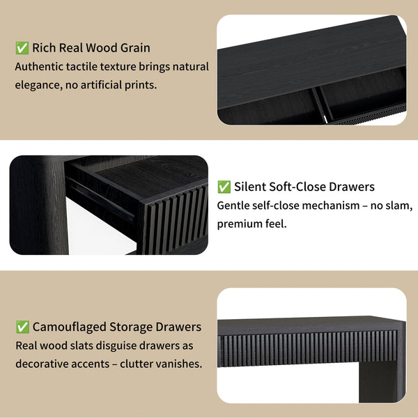 English Elm 60" Modern 2-Drawer Fluted Console Table with Real Wood Veneer, Slim Profile, Sturdy 80lb Capacity, Versatile Entryway Organizer Black W1435P337642