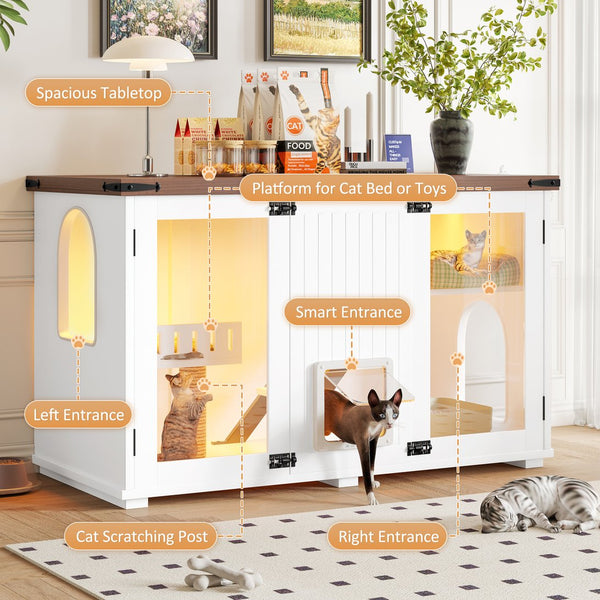 English Elm 47.25" Modern Cat Litter Box Enclosure with LED, Stairs & Scratcher, Smart Door Cabinet Side Table N704P270707K