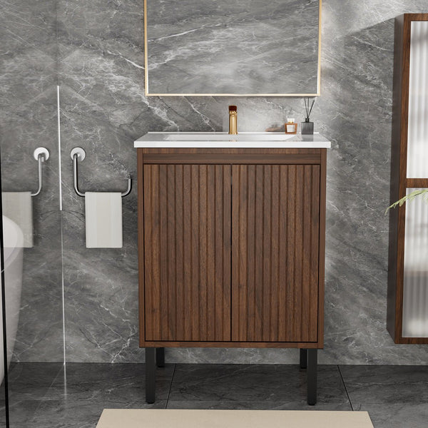 English Elm 24 Compact Bathroom Vanity with Sink — Floor-Standing Stability, Soft-Close Drawers, Large Storage, Durable Finish Walnut 29.13 L x 6.49 W x 26.37 H W3520S00012